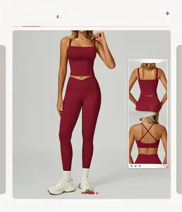 Legging de yoga bordeaux à taille croisée et haut caraco vue détaillée sport