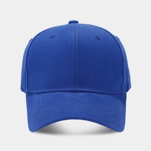 Detailed close-up of blue cotton twill baseball cap showing stitching and fabric texture