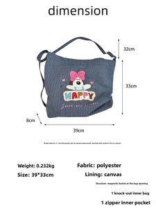 Detailed technical diagram of striped canvas tote bag with dimensions and dog embroidery