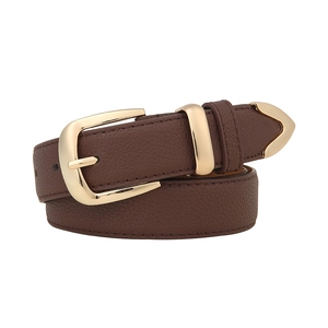 Classic dark brown pebble grain leather belt for women with elegant golden alloy buckle
