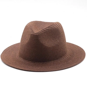 Classic dark brown wide brim straw fedora hat for summer sun protection and beach wear