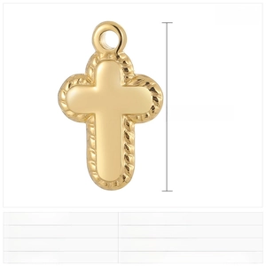 Detailed view of golden stainless steel cross pendant with woven texture and 20x13mm scale