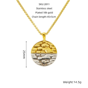 Close-up of hammered 18k gold plated stainless steel necklace with 25mm round pendant