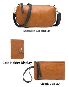 Detailed set of brown lychee-patterned shoulder bag, folding card wallet, and hand clutch