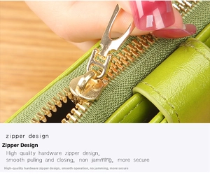 Close-up of fresh green lychee grain leather wallet with smooth gold metal zipper detail