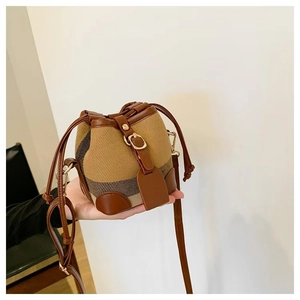 Girls brown plaid drawstring bucket bag in canvas and leather for crossbody use