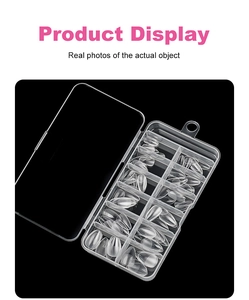 Detail of 120 transparent almond-shaped nail tips in a 12-grid storage case