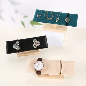 Three-tier rubber wood T-bar display stands for watches and bracelets with velvet finish