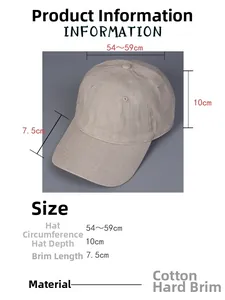 Linen baseball cap sizing guide showing adjustable 54-59cm circumference and 7.5cm brim