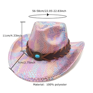 Colorful snake-pattern cowboy hat with dimensions and 100% polyester fabric details
