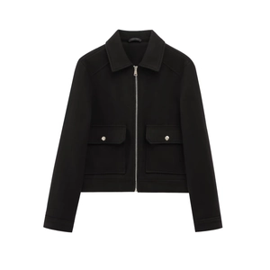 Classic black zip-up jacket for women with large flap pockets and silver metal buttons