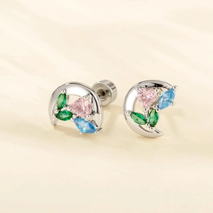 Silver crescent moon stud earrings with pink heart and green leaf zircon stones