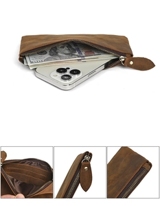 Brown crazy horse leather wallet detail showing internal card slots and large capacity