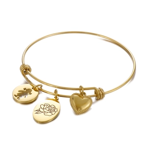 Adjustable gold bangle with heart, girl, and rose charms, minimalist stainless steel design