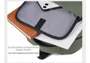 Detail view of military green backpack interior pocket with velcro and daily essentials