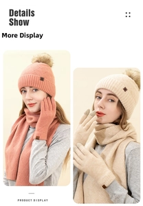 Detailed knit texture of winter hat scarf and touchscreen gloves set in pink and apricot