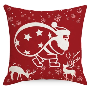 Christmas red throw pillow cover with white Santa Claus, reindeer and snowflake pattern