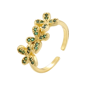 Luxurious gold clover open ring featuring three clover shapes set with green zircons
