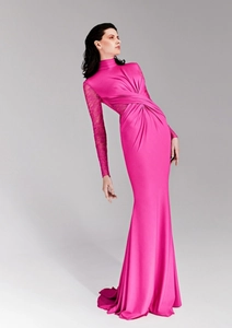 Detail of rose red evening gown featuring lace sleeves and elegant waist pleats