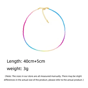 Rainbow gradient beaded necklace detail showing 40cm length and 5cm extension chain