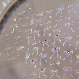 5D Embossed Nail Art Stickers Crystal Diamond Effect Ribbon Bowknot Design Holographic Laser Colorful DIY Decoration