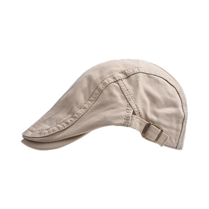 Close-up of khaki cotton beret showing durable twill texture and metal buckle detail