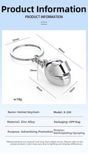 Detailed size specifications for the mini 3D silver motorcycle helmet keychain