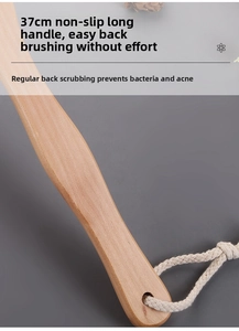 Detail of ergonomic 37cm wooden long handle with cotton hanging rope for bath brush