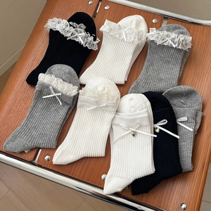 Women Cotton Mid Tube Socks Ribbed Knit Ribbon Bow Lace Trim Sweet Heart Pendant Harajuku Style