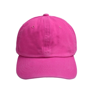 Detail of hot pink washed cotton baseball cap featuring breathable eyelets and top button