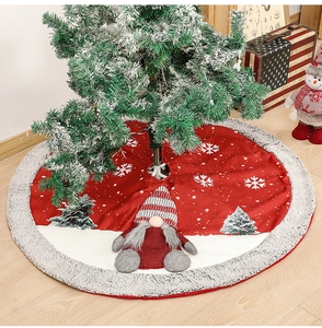 Linen Christmas tree skirt with festive gnome embroidery and grey faux fur trim decor