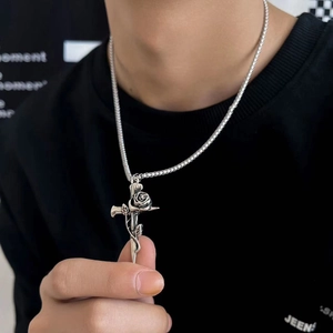 Gothic Rose Cross Pendant Necklace Stainless Steel Box Chain Vintage Silver Retro Jewelry For Men Women