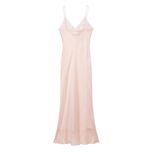 Elegant champagne satin maxi dress featuring thin straps and a chic V-neck design