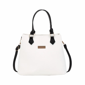 Classic white leather handbag with black contrast handles and adjustable shoulder strap