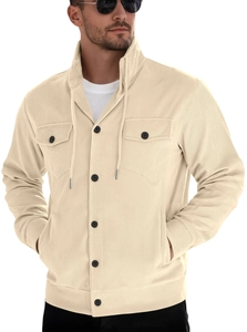Detailed view of beige corduroy jacket texture with chest pockets and button closure