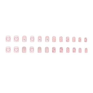 Pink heart and snowman patterned 24pcs short round press-on nails set for women