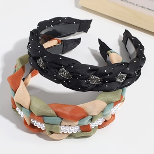 Fashionable braided headband with mesh dots, rhinestones and elegant pearls decoration