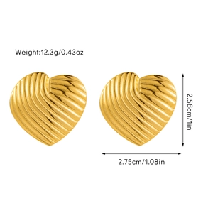 Detail of 18K gold plated heart earrings showing vertical striped texture and dimensions