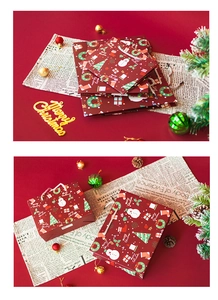 Detail of red Christmas paper gift bags with snowman prints in various sizes and festive decor