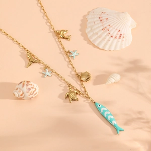 Golden titanium steel beach necklace with dolphin, starfish and turtle ocean charms