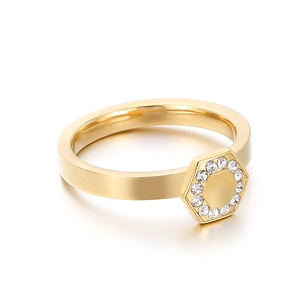 Minimalist gold hexagonal ring featuring a sparkling rhinestone-paved geometric design