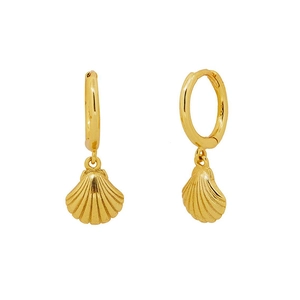 Close-up of golden scallop shell drop earrings with polished finish on white background