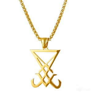 Golden stainless steel Sigil of Lucifer pendant necklace with polished box chain link