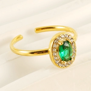 18K gold plated double layer adjustable ring with green emerald stone and halo diamonds