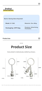Detailed technical diagram showing dimensions and specs of boxing glove keychain