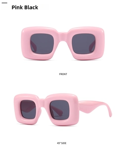Front and 45-degree side macro view of pink thick frame futuristic square sunglasses