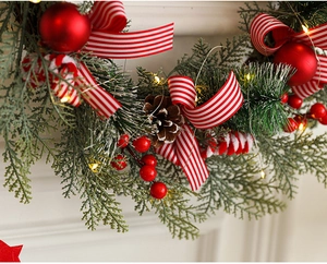 Close-up of Christmas wreath with red ornaments, striped ribbons and warm LED lights