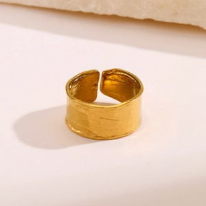 Minimalist hammered golden stainless steel open ring with textured adjustable wide band