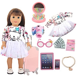 Tenue de poupée rose licorne avec accessoires de voyage et valise pour poupée 18"