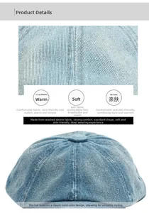 Close-up of light blue washed denim fabric texture and detail of a stylish beret hat